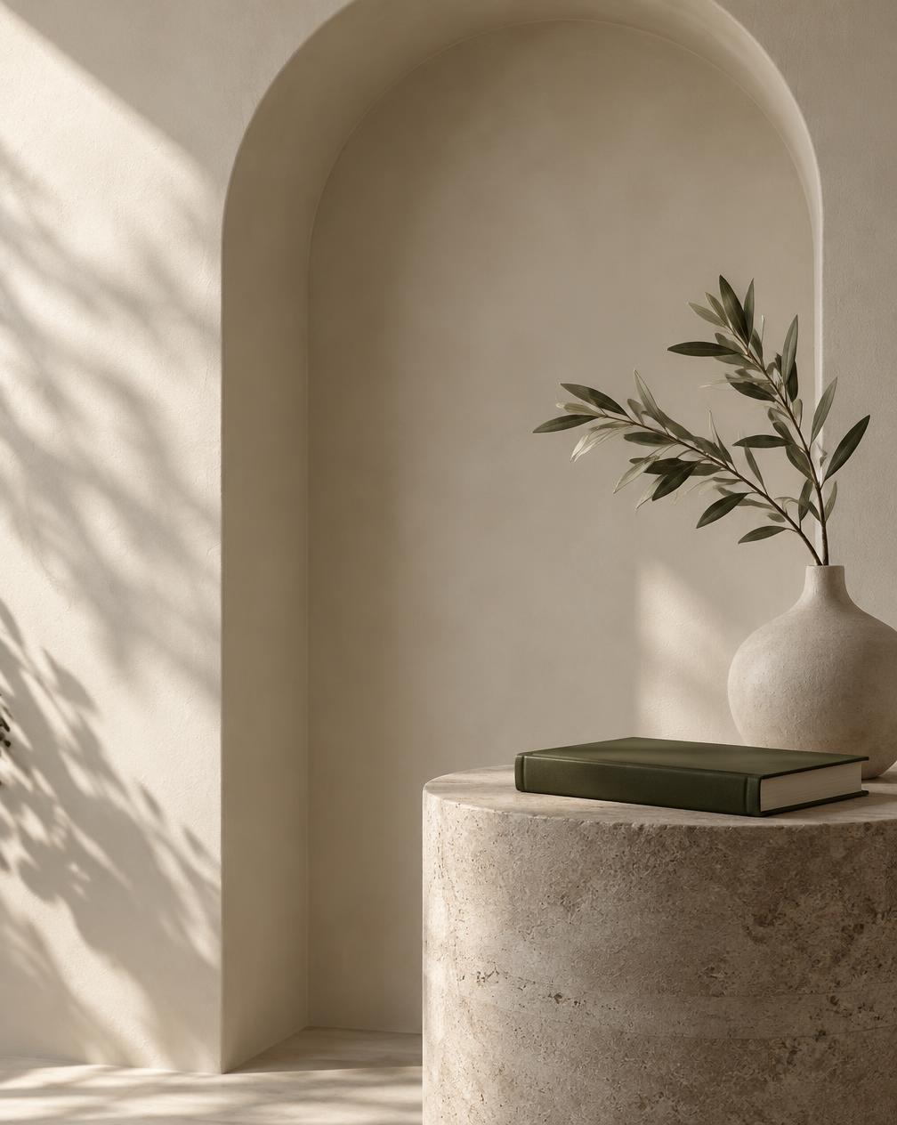 Composição conceitual com arquitetura orgânica e ramo de oliveira